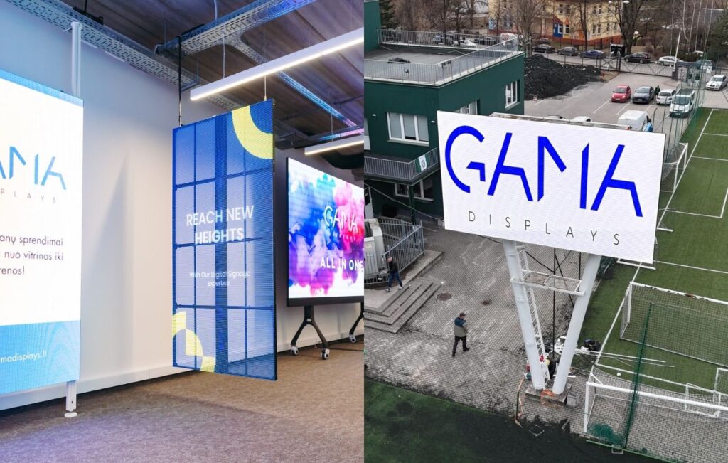 GAMA Displays LED ekranų pavyzdžiai vidaus erdvėje ir lauke, iliustruojantys, kaip LED ekrano kaina gali skirtis pagal dydį ir montavimo vietą.